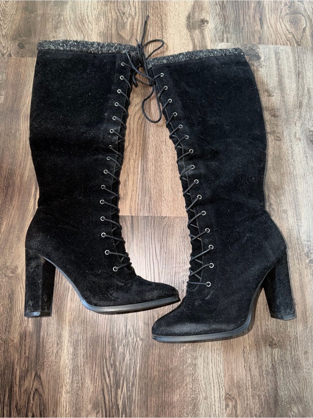 Shoe Dazzle Black Lace-Up Knee-High Suede Boots